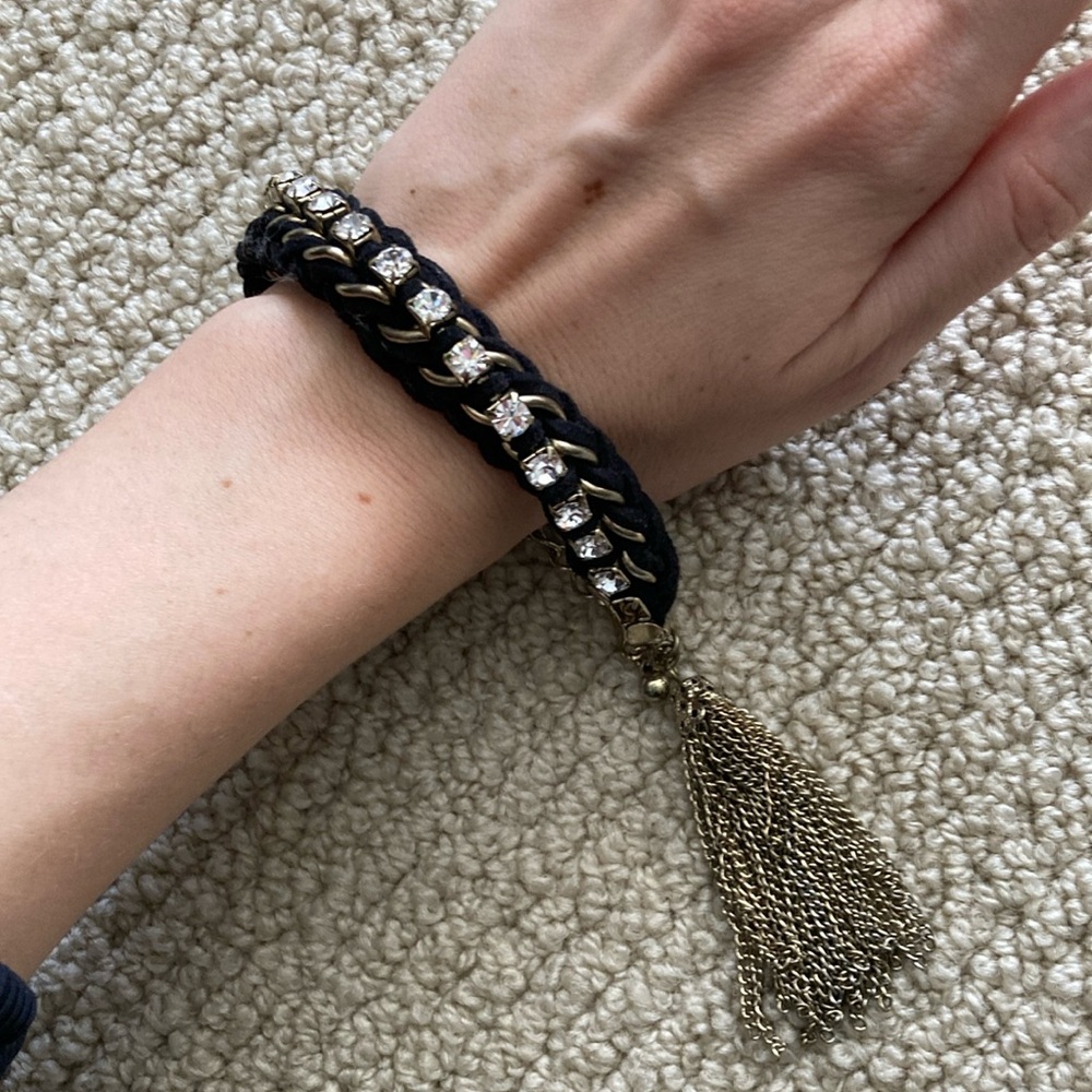 Bejeweled Tassel Felt Braided Black Bracelet with Cubic Zirconia Stones GUC